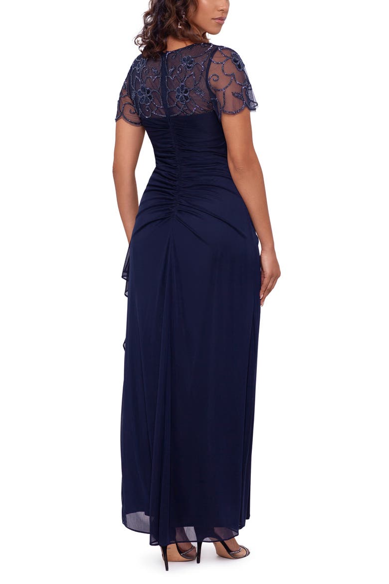 Xscape Beaded Short Sleeve Chiffon Gown, Alternate, color, NAVY