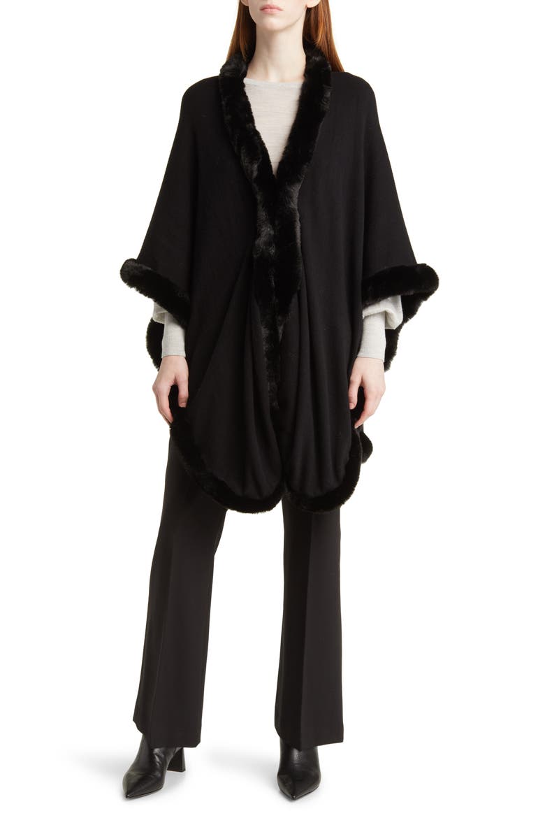 Faux Fur Trim Ruana, Alternate, color, BLACK