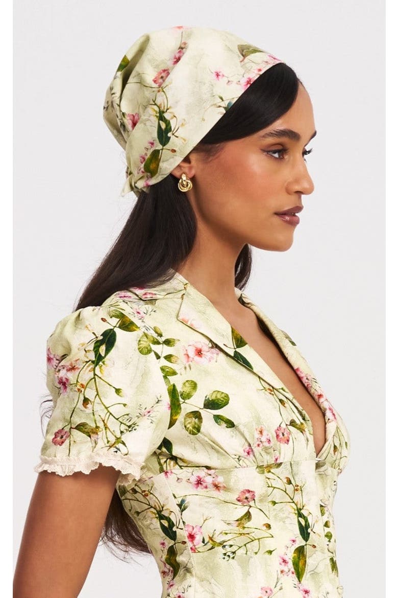 Spring Affair Print Linen Head Wrap Scarf, Main, color, Green