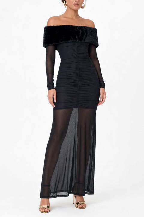 Off The Shoulder Mesh Maxi Dress
