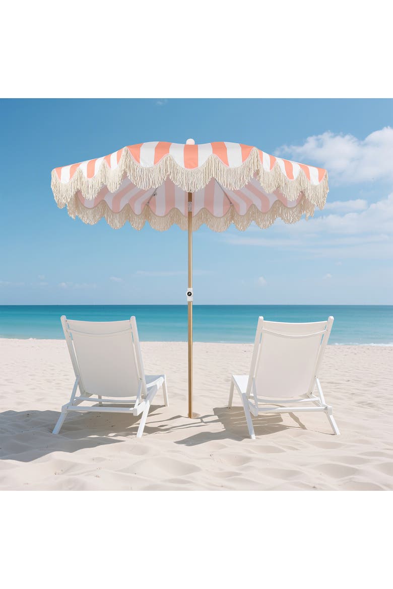 Mariner Coastal Round Outdoor Beach Umbrella with Fringe Trim, Push-Button Tilt, UV 50 Canopy and Wood-Finish Pole, Alternate, color, Coral Pink - Light Brown Pole