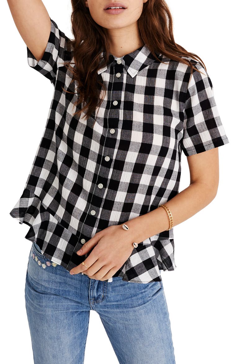 Gingham Peplum Button Down Shirt, Main, color, TRUE BLACK TWO SIZE GINGHAM