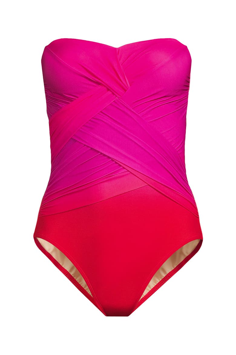 Slender Suit Shine Bandeau Tummy Control Chlorine Resistant High Leg One Piece Swimsuit, Alternate, color, Pink Multi Ombre