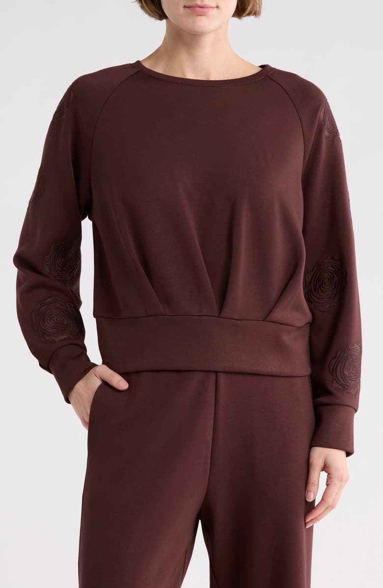 T Tahari Rose Embroidered Scuba Knit Crewneck Top, Main, color, Chocolate