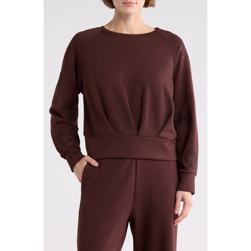 T Tahari Rose Embroidered Scuba Knit Crewneck Top In Brown