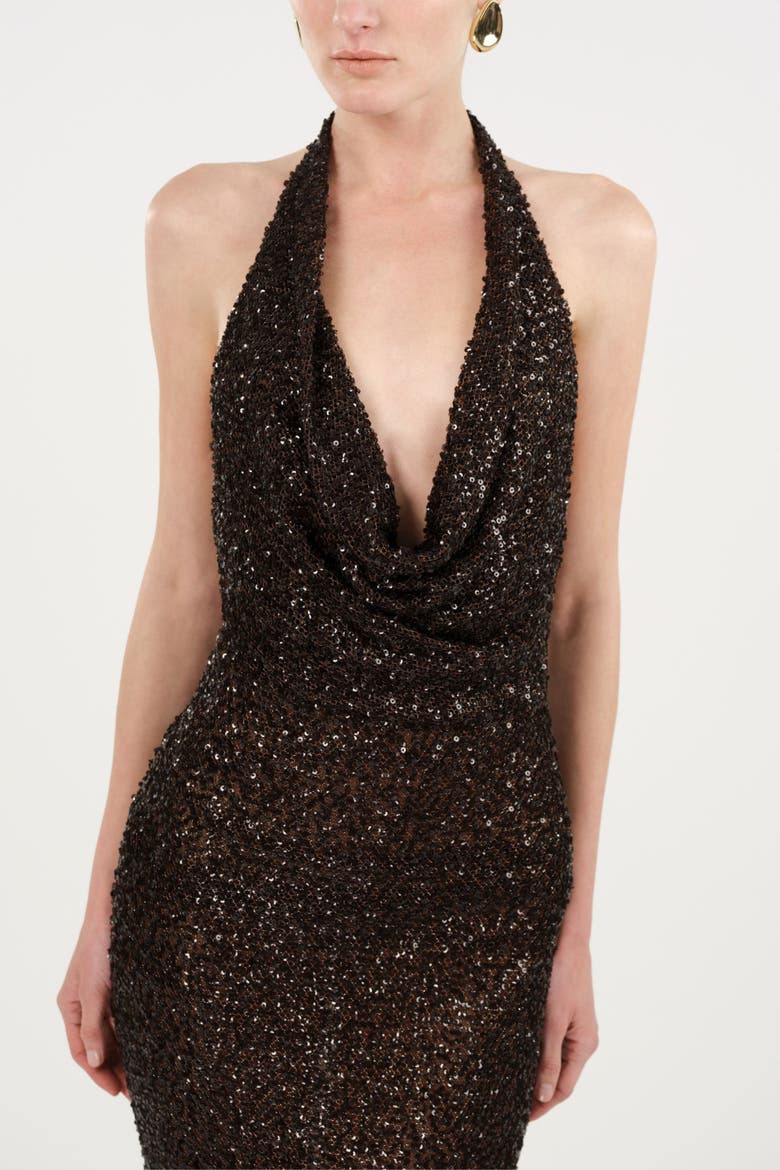 Off-Shoulder Sequin Embellished Maxi Dress, Alternate, color, Brown