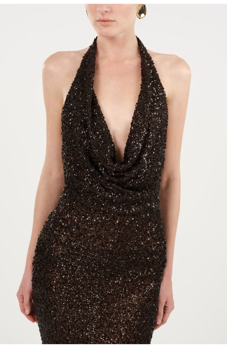 Nocturne Off-Shoulder Sequin Embellished Maxi Dress, Alternate, color, Brown