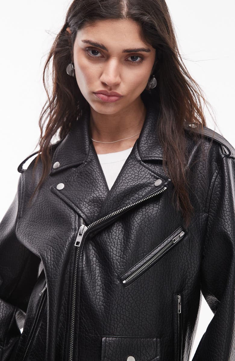 Topshop Oversize Faux Leather Biker Jacket, Alternate, color, Black