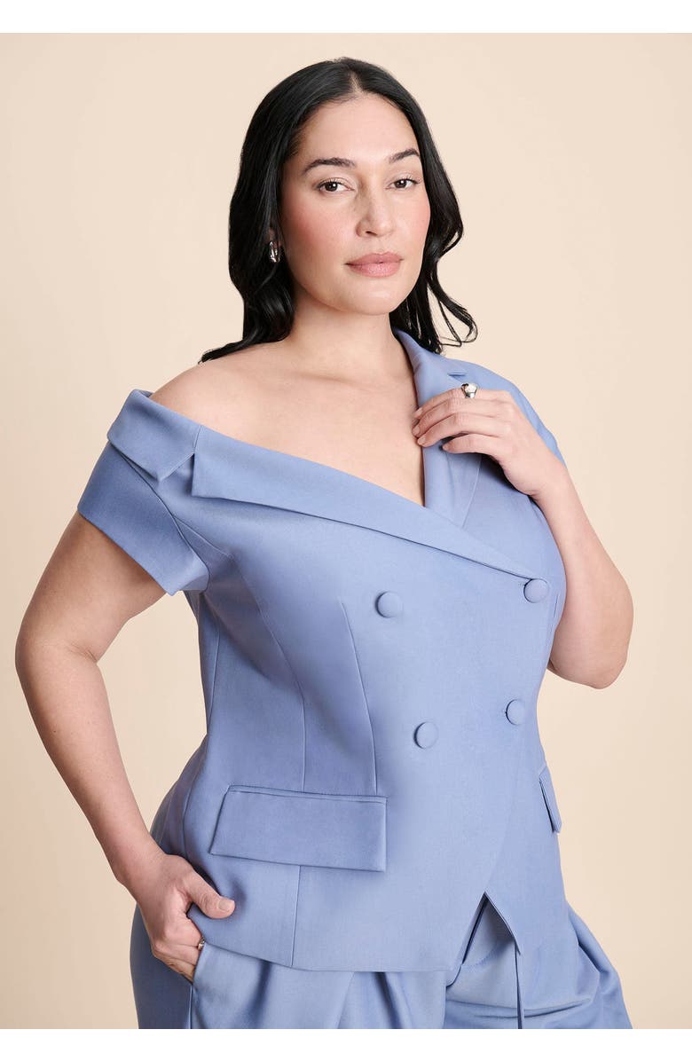 ELOQUII Asym Neckline Short Sleeve Blazer, Main, color, Dusty Blue