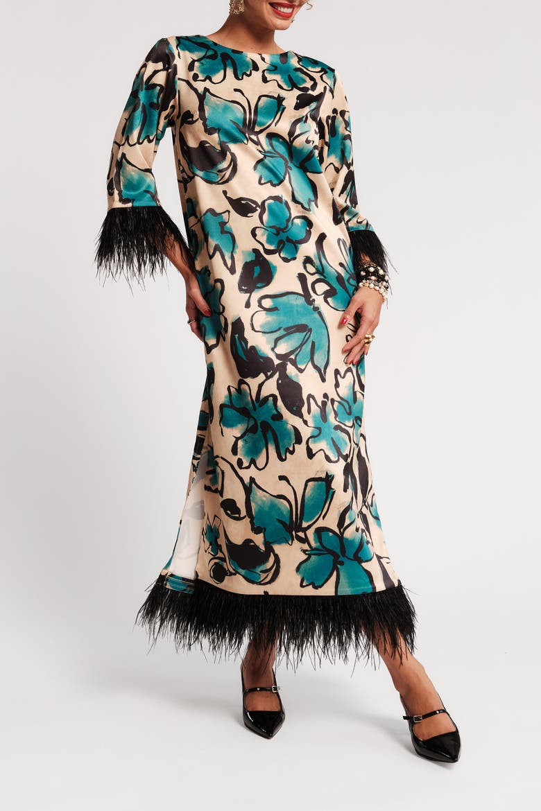 Belle Maxi Dress Abstract Meadow, Main, color, Teal/Camel