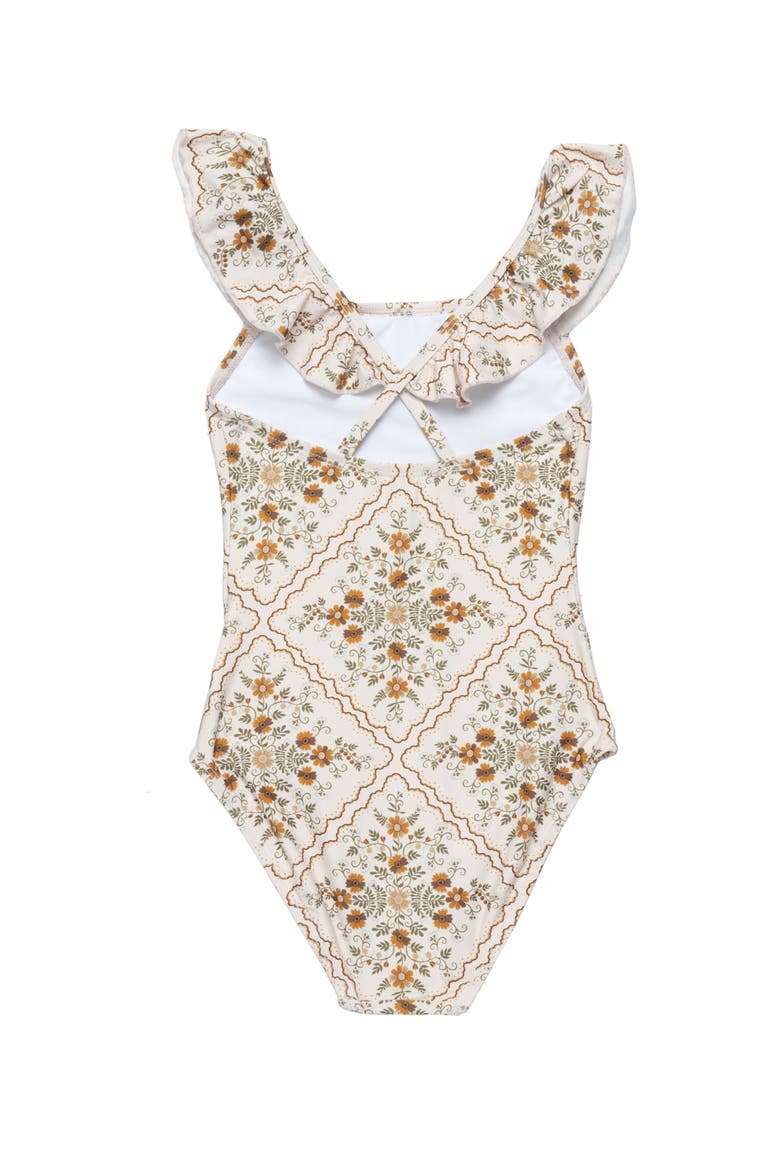 Love Notes Square Neck Ruffle One Piece Swimsuit, Alternate, color, Cream-Brown