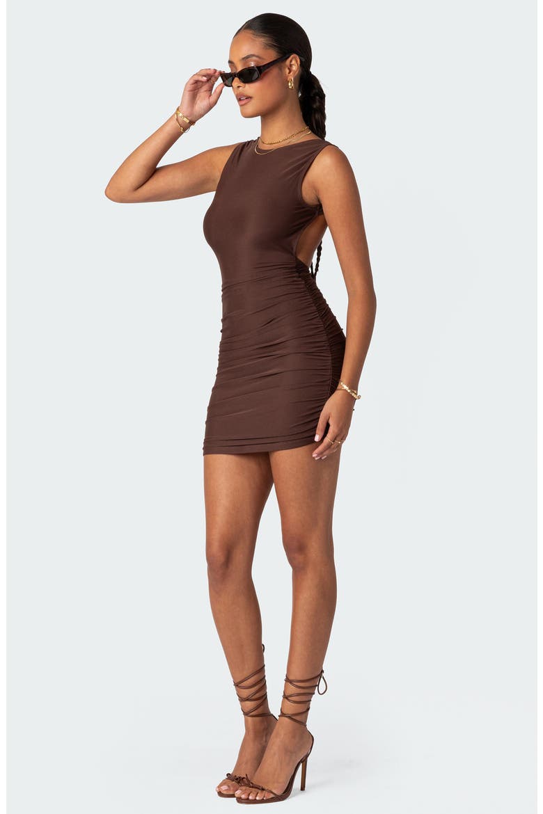 Mikey Ruched Open Back Minidress, Alternate, color, BROWN