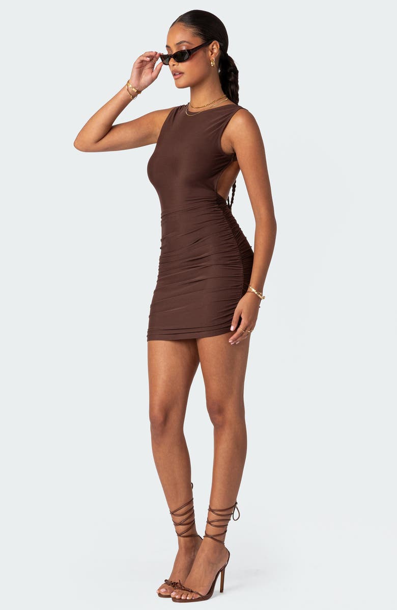 EDIKTED Mikey Ruched Open Back Minidress, Alternate, color, Brown