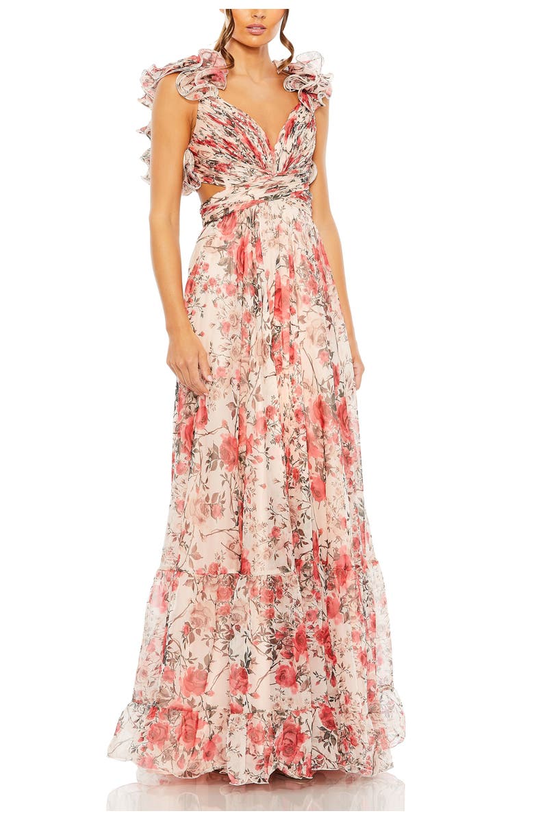 Mac Duggal Tiered Floral Chiffon Gown with Ruffle Accents and Open Back, Main, color, Rose Multi