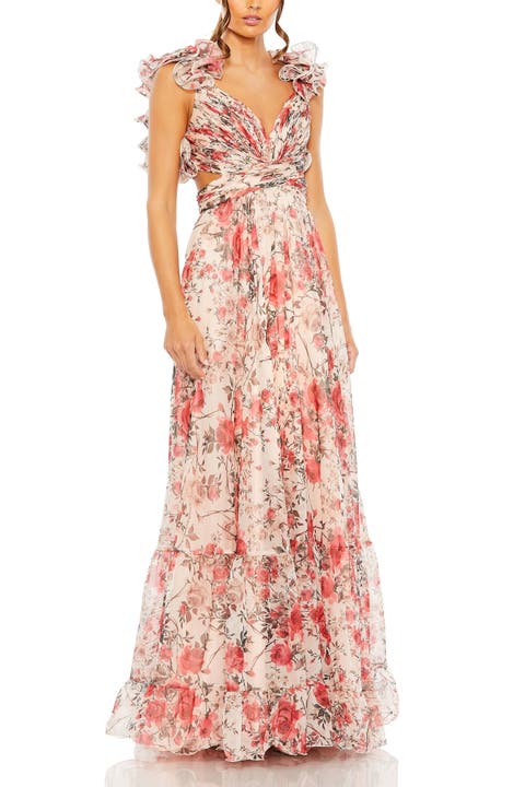 Tiered Floral Chiffon Gown with Ruffle Accents and Open Back
