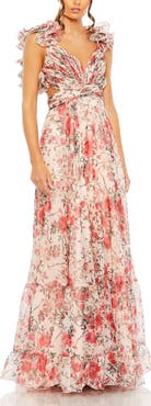 Mac Duggal Tiered Floral Chiffon Gown with Ruffle Accents and Open Back
