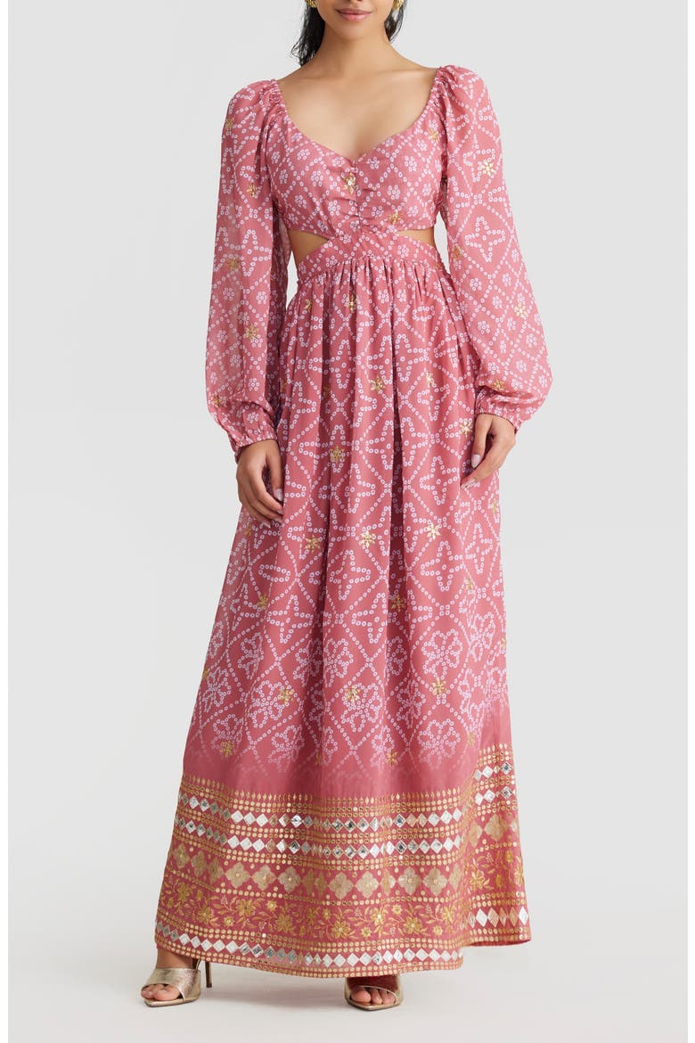 Eden Beaded Bandhani Print Long Sleeve Maxi Dress, Main, color, PINK