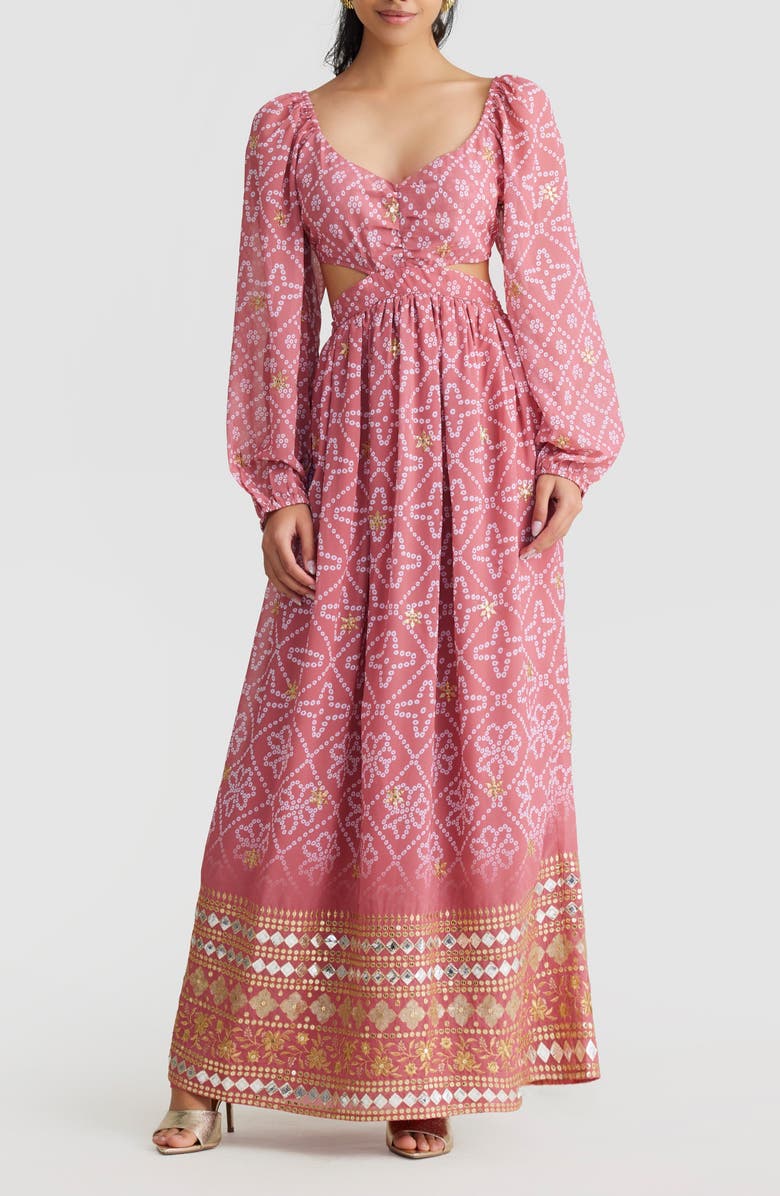 holiCHIC Eden Beaded Bandhani Print Long Sleeve Maxi Dress, Main, color, Pink