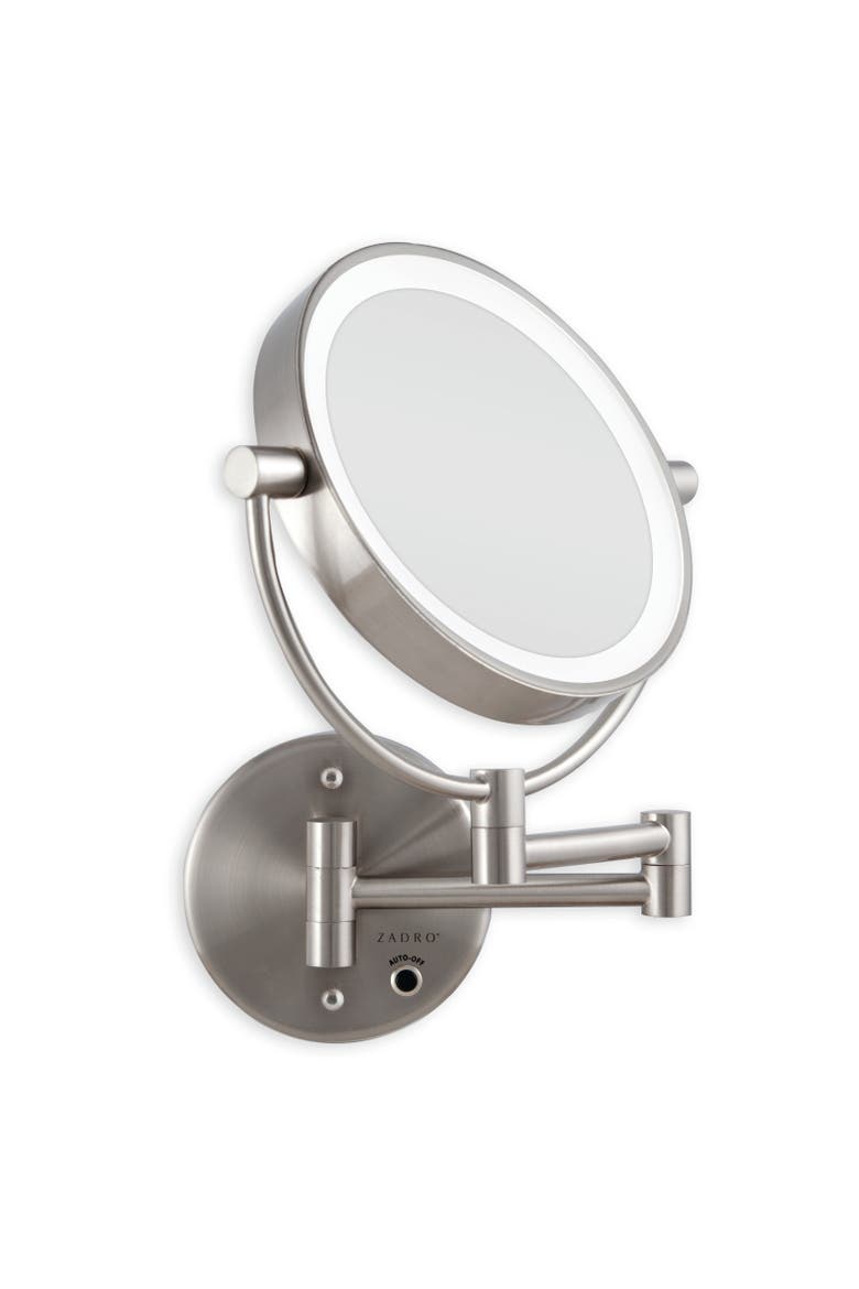 Lighted Wall Mounted Makeup Mirror with 5X/1X Magnification & Cordless, Main, color, Satin Nickel