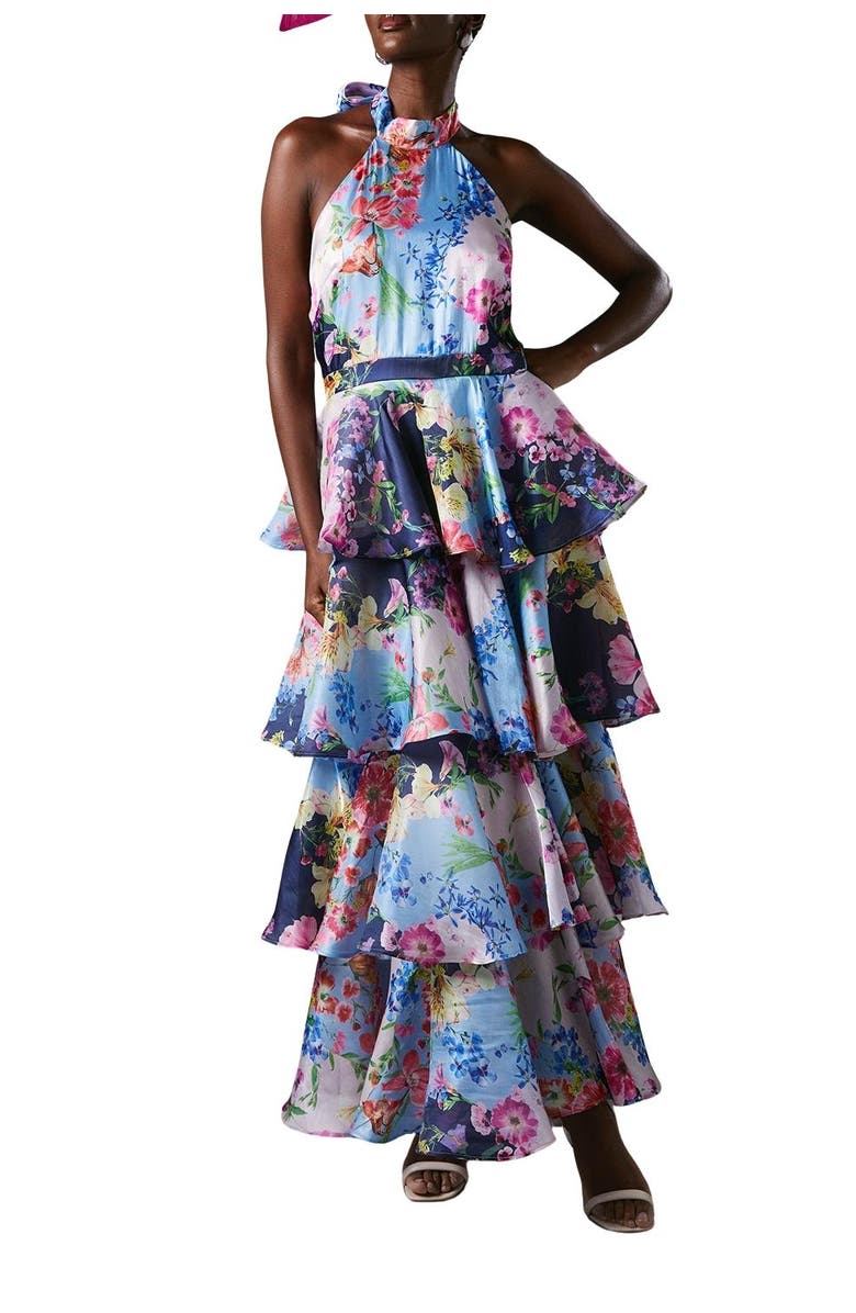 Coast Cross Neck Printed Frill Skirt Dress, Alternate, color, Navy