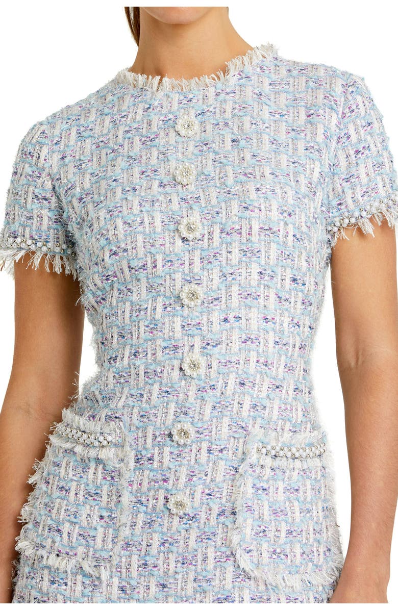 Mac Duggal Women's Cap Sleeve Floral Button Detail Shift Dress, Alternate, color, Blue Multi