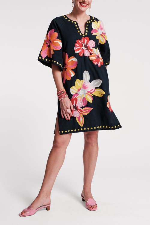 Frances Valentine Charming Caftan Mini Sun Floral Cotton Linen In Navy/multi