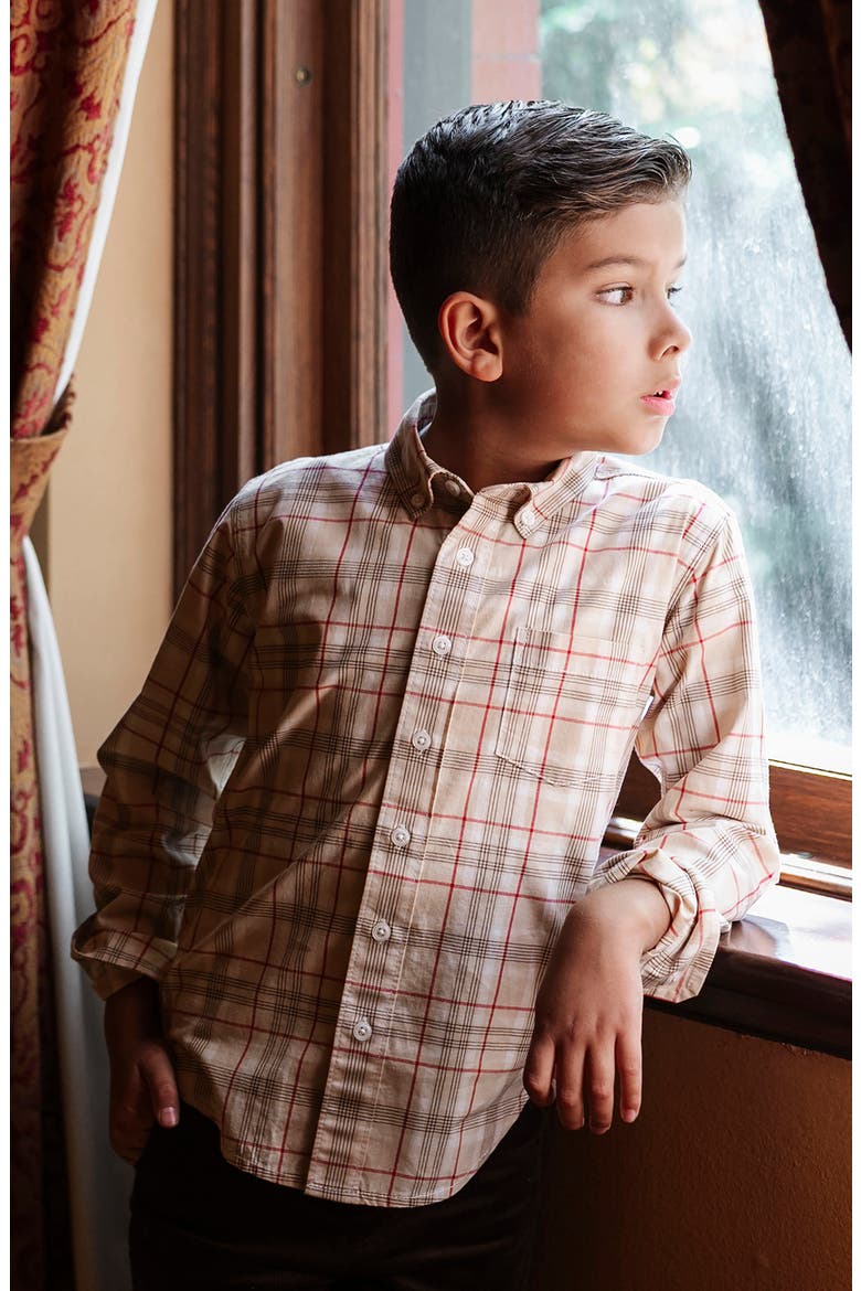 Kids' Organic Long Sleeve Stretch Poplin Shirt, Alternate, color, Fireside Plaid