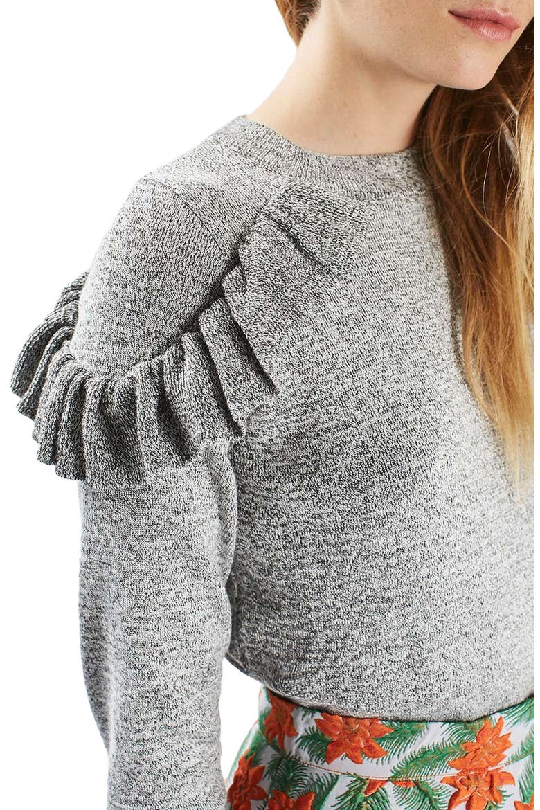Ruffle Shoulder Sweater, Alternate, color, GREY MARL