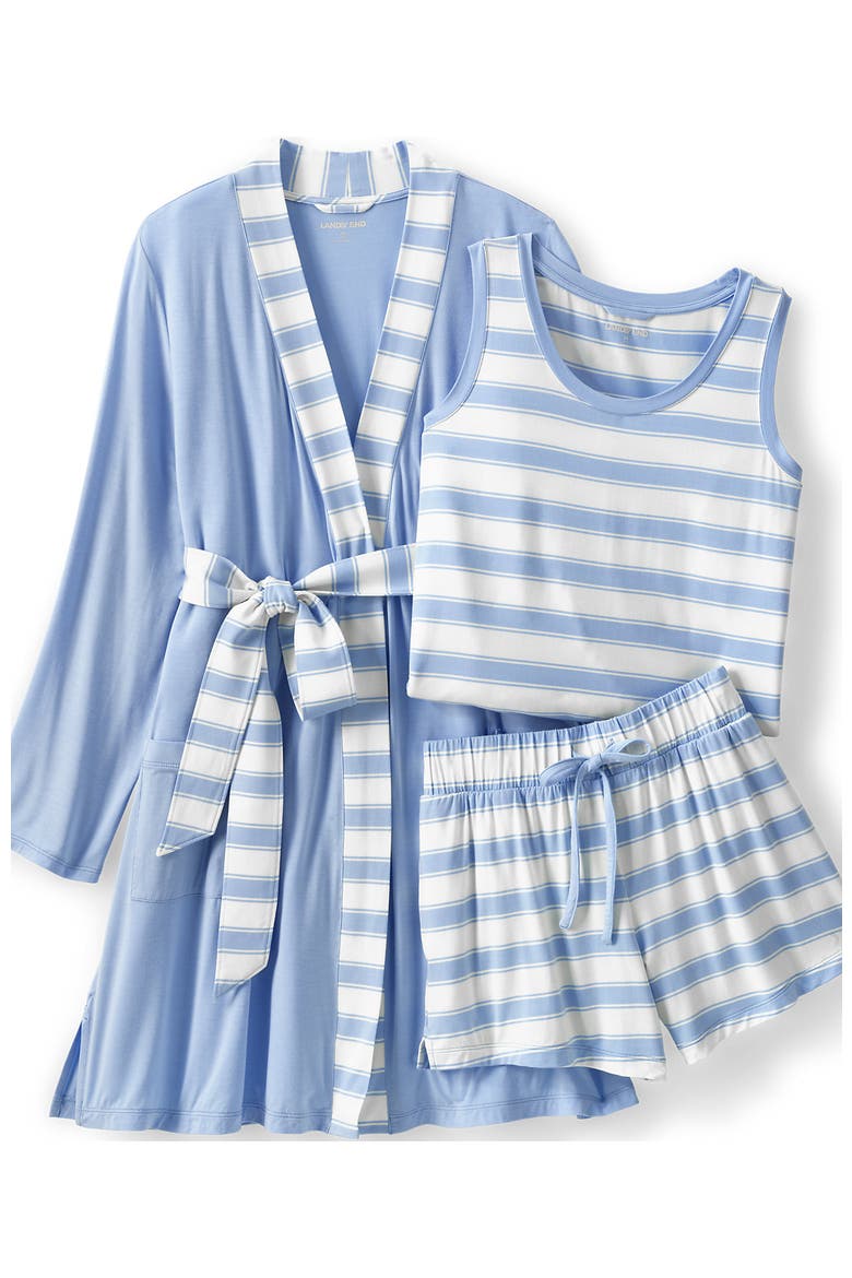 Cooling 3 Piece Pajama Set - Robe Tank and Shorts, Alternate, color, Misty Blue Stripe