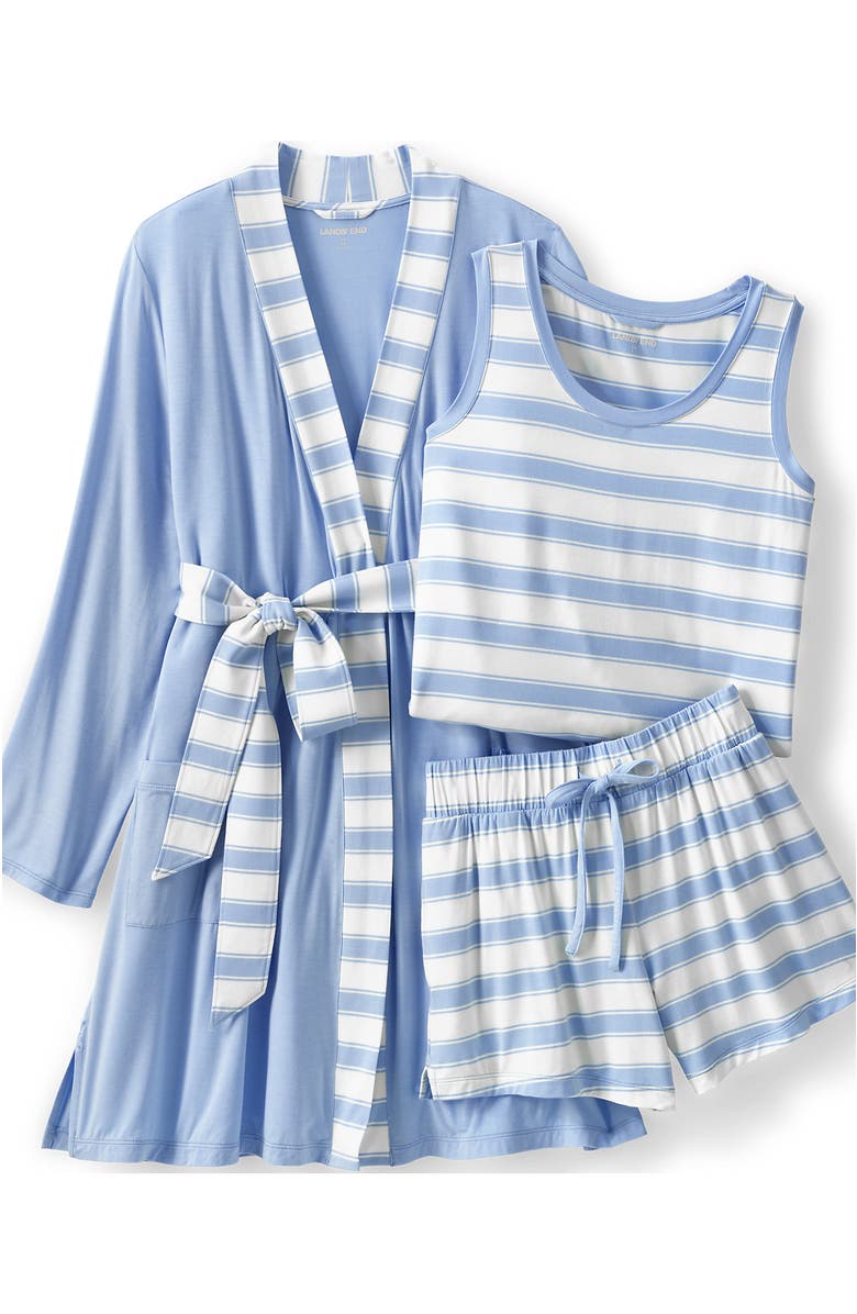 Lands' End Cooling 3 Piece Pajama Set - Robe Tank and Shorts, Alternate, color, Misty Blue Stripe