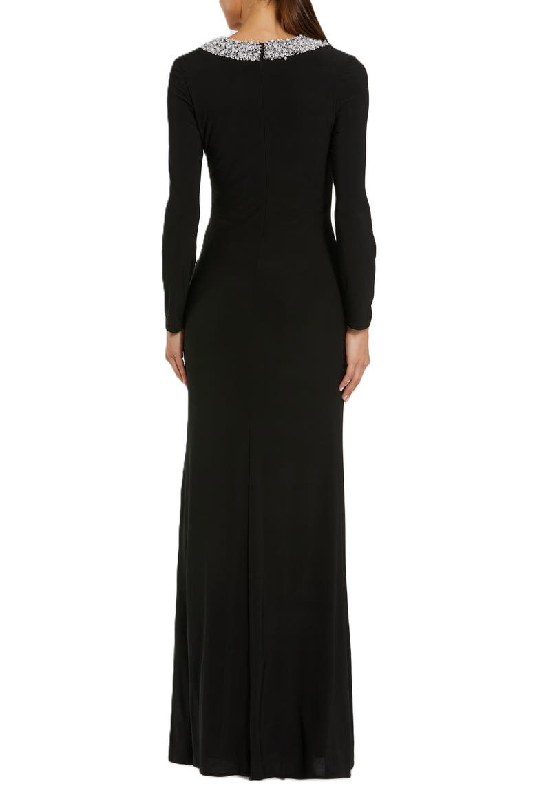 Jersey Long Sleeve Fitted Gown With Beaded Neck, Alternate, color, Black