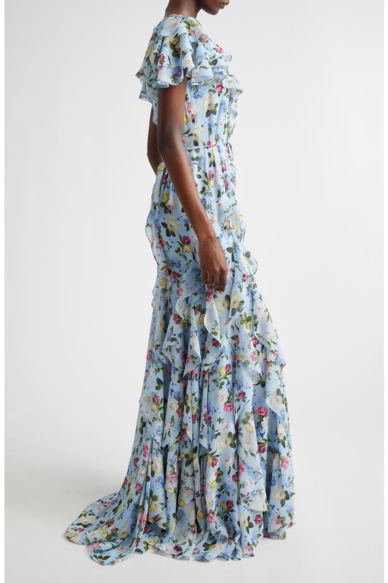 Floral Ruffle Silk Chiffon Gown, Alternate, color, CLOUDY BLUE MULTI