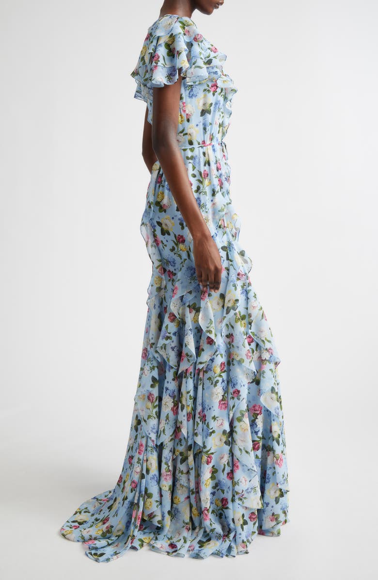 Carolina Herrera Floral Ruffle Silk Chiffon Gown, Alternate, color, Cloudy Blue Multi