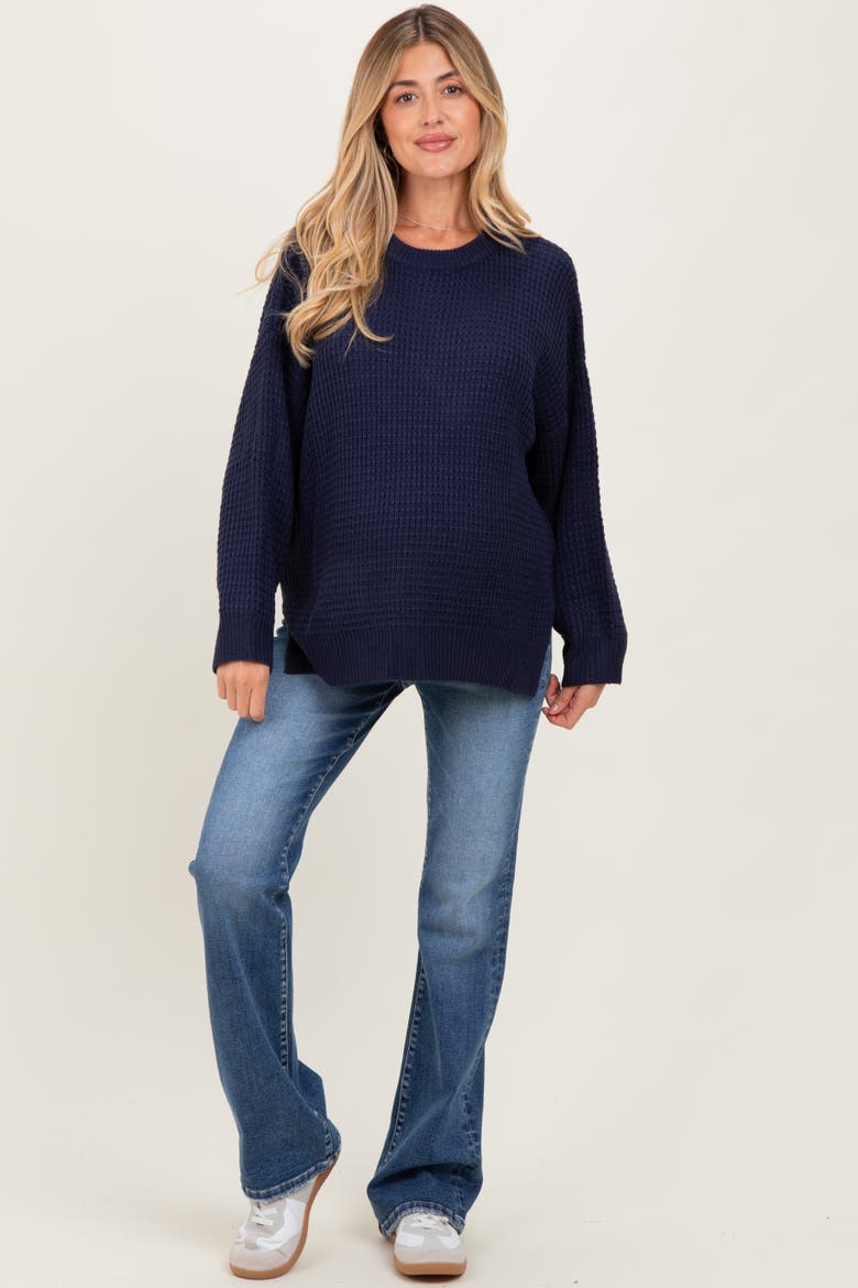 Waffle Knit Side Slit Sweater, Alternate, color, Navy Blue