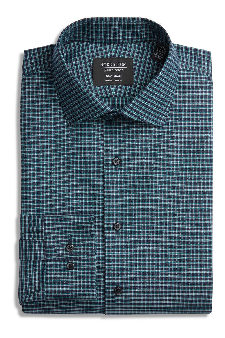 Trim Fit Non-Iron Check Dress Shirt, Alternate, color, TEAL PEACOCK