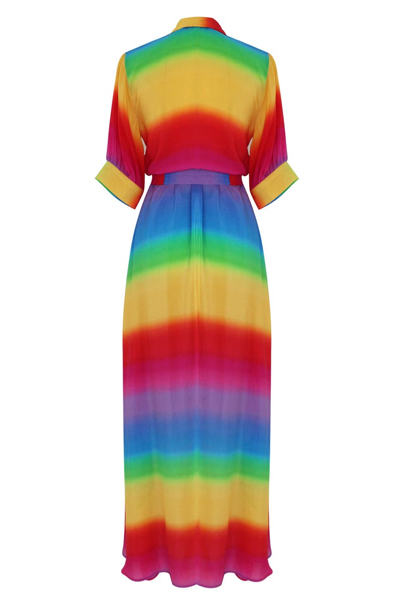 All Things Mochi Iska Rainbow Stripe Silk Maxi Shirtdress, Alternate, color, 