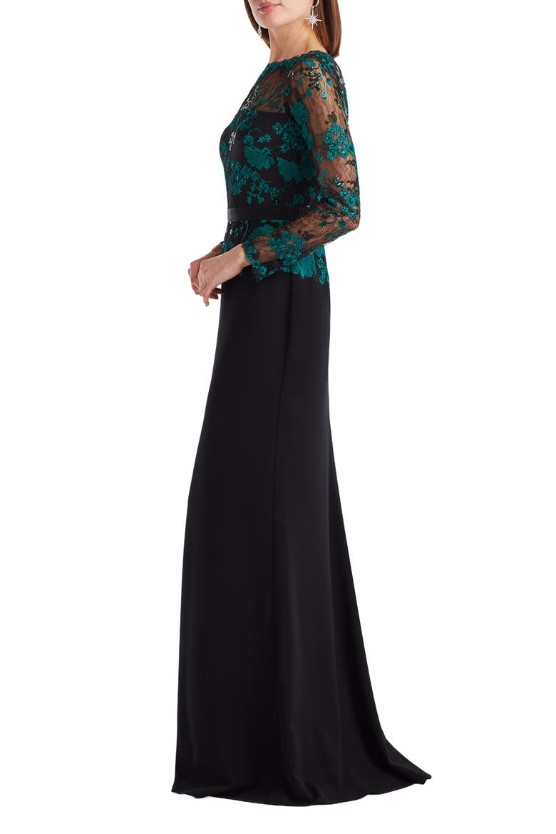 Floral Lace Embroidery Long Sleeve Gown, Alternate, color, EMERALD/ BLACK