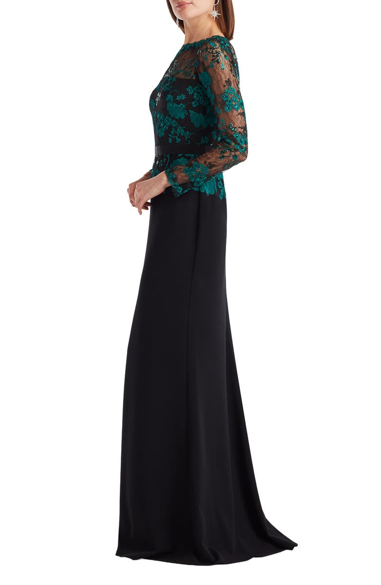 Tadashi Shoji Floral Lace Embroidery Long Sleeve Gown, Alternate, color, Emerald/ Black