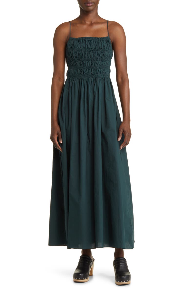 MOON RIVER Smocked Tie Back Midi Dress, Main, color, Dark Green