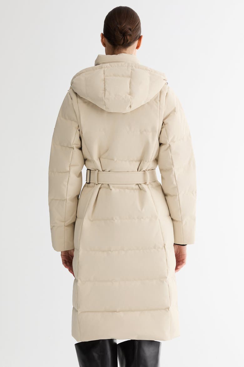 Celeste Long Hooded Belted Down Coat, Alternate, color, Beige