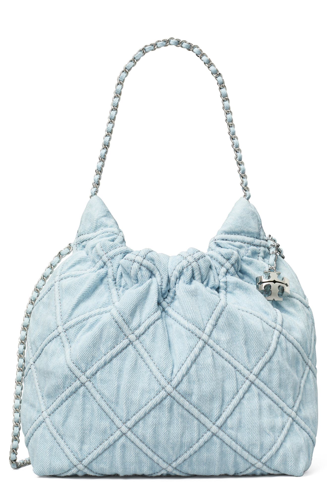 Tory Burch Fleming Quilted Denim Hobo Bag, Main, color, Seltzer