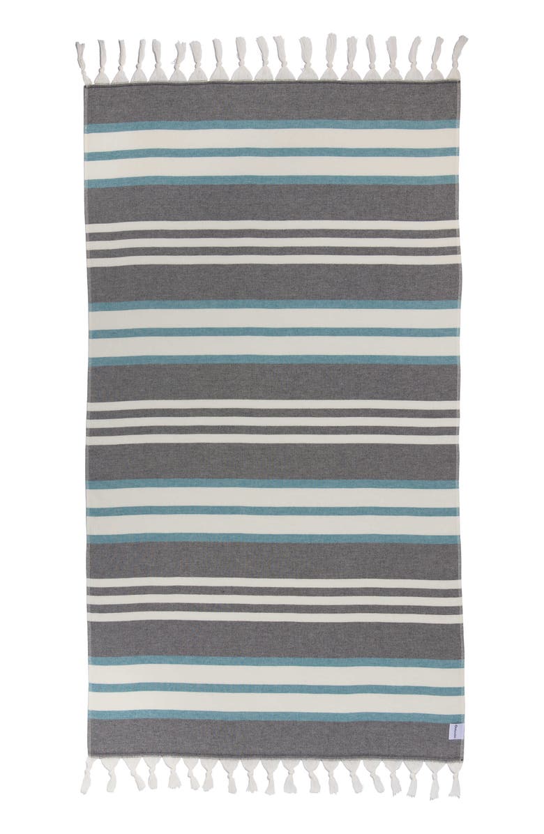 InfuseZen Cove Striped Organic Turkish Towel with Soft Terry Cloth Back, Main, color, Black And Turquoise