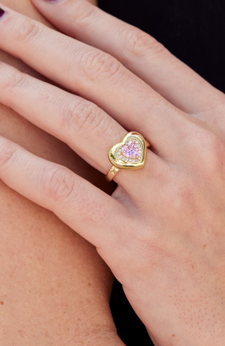 SAVVY CIE JEWELS Puffy Cubic Zirconia Halo Heart Ring, Alternate, color, Yellow Gold/ Pink