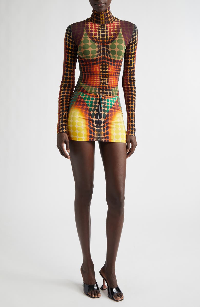 Jean Paul Gaultier Re-Edition Polka Dot Trompe l'Oeil Long Sleeve Mesh Top, Alternate, color, Orange/ Blue/ Brown
