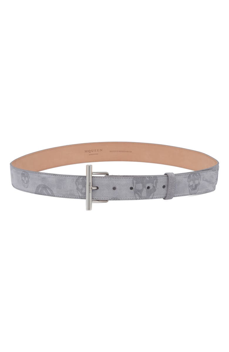 McQueen T-Bar Skull Print Suede Belt, Main, color, Grey/ Dark Grey/ Silver