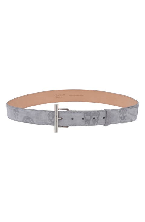 T-Bar Skull Print Suede Belt