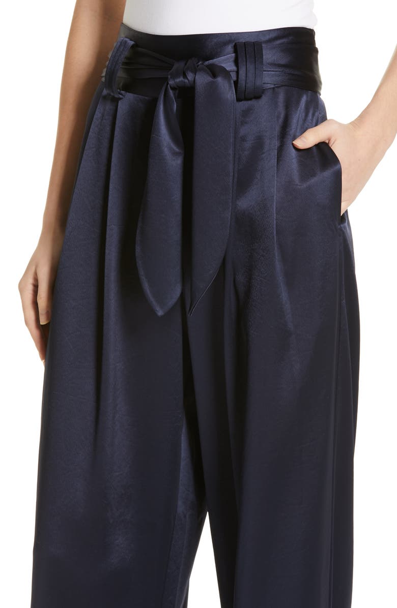 Tory Burch Tie Waist Satin Pants, Alternate, color, Tory Navy