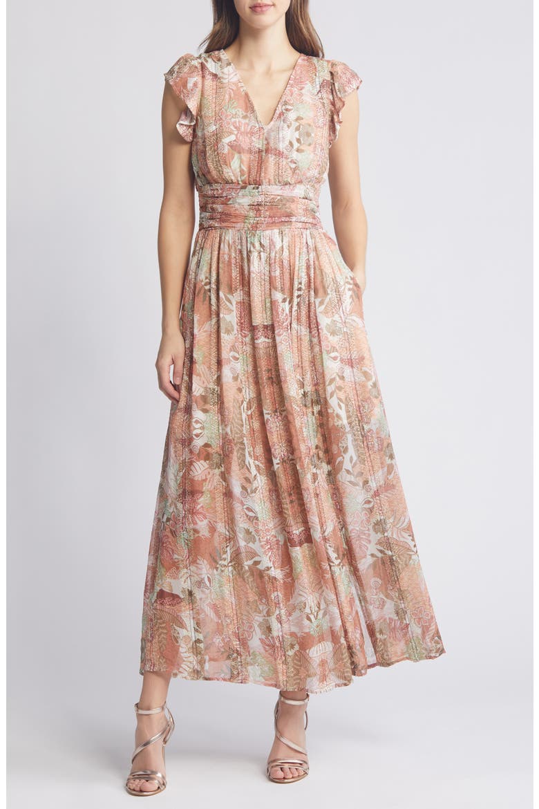 Jennsen Ruched Flutter Sleeve Maxi Dress, Alternate, color, BROWN