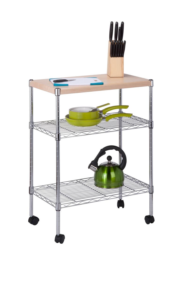 HONEY-CAN-DO Chrome Wood Top Utility Cart, Main, color, 