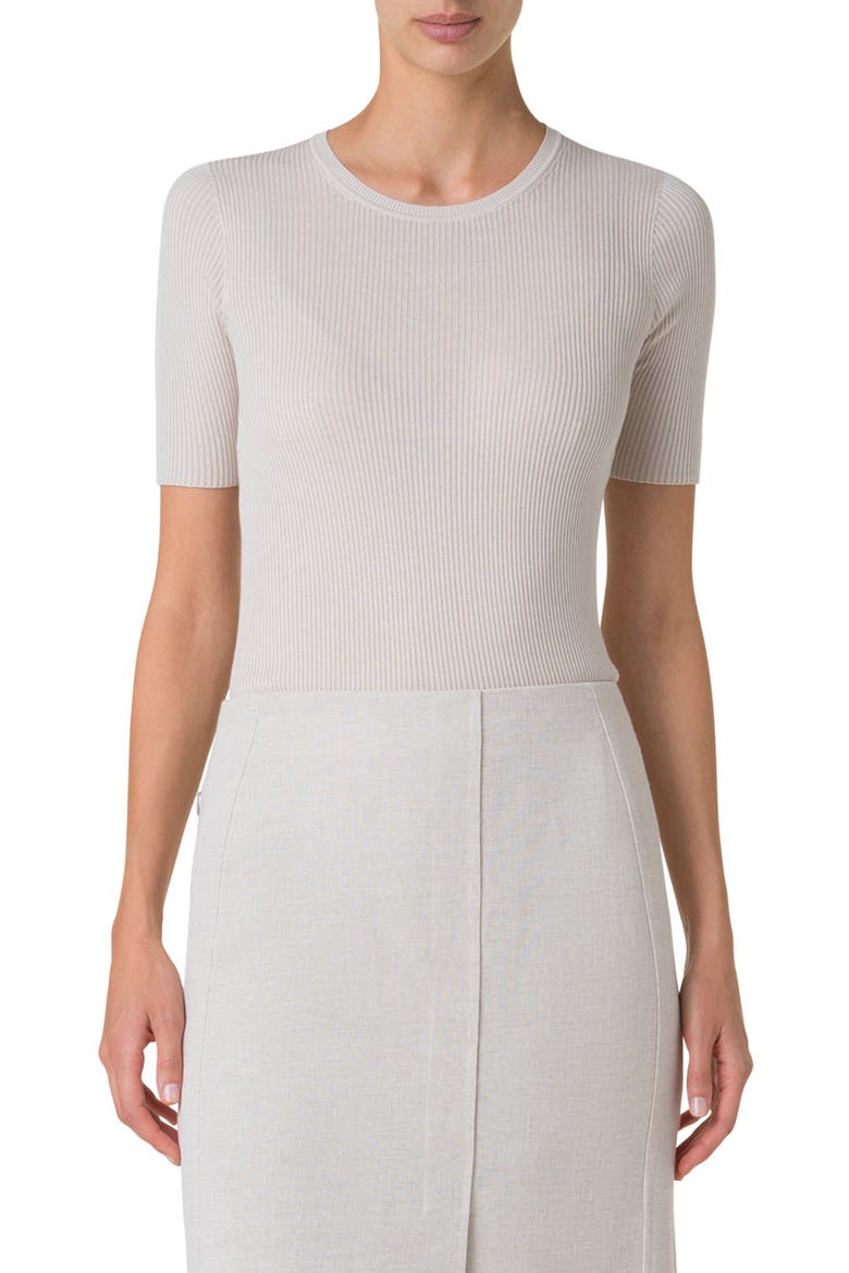 Short Sleeve Silk & Cotton Rib Sweater, Main, color, GREIGE